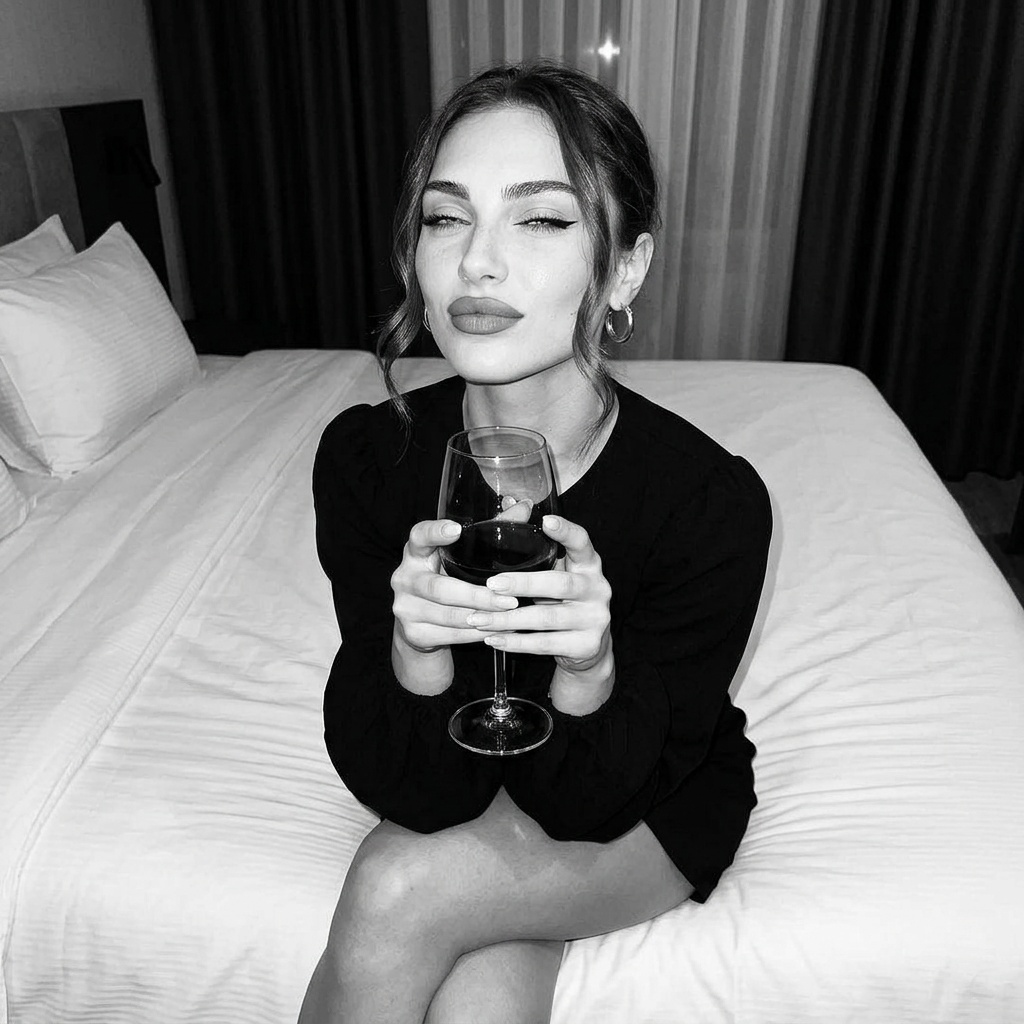 A girl in a black dress sitting on a hotel bed holding a wine glass, looking into the camera with a squint and raised chin.
