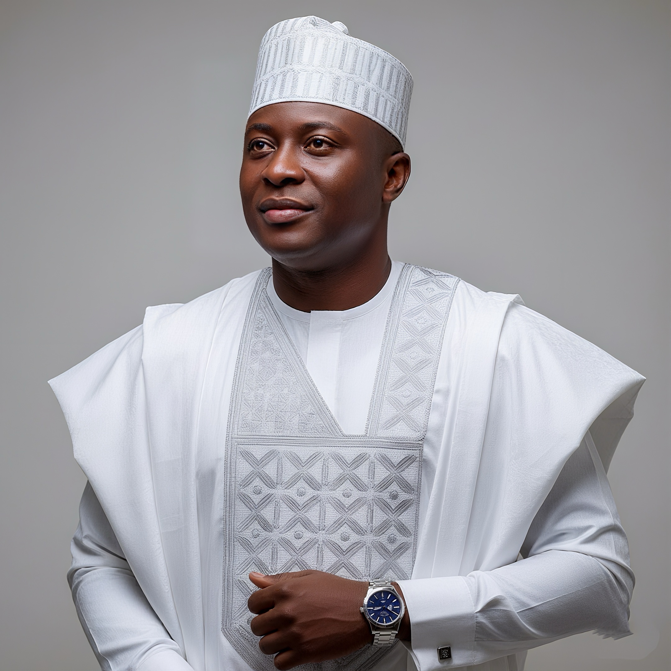 Portrait détaillé d'un homme en agbada blanc avec broderies argentées, portant un chapeau bleu et blanc, regard confiant en intérieur.