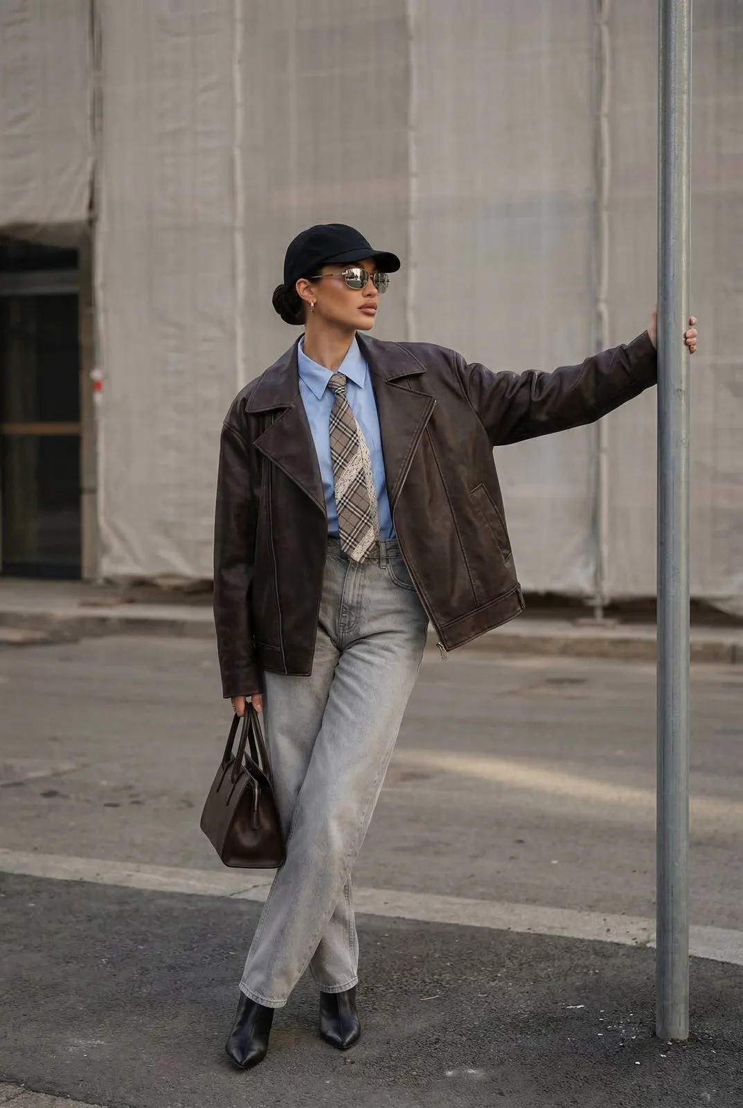 Urban Street Fashion Leather Jacket Plaid Tie Pose
