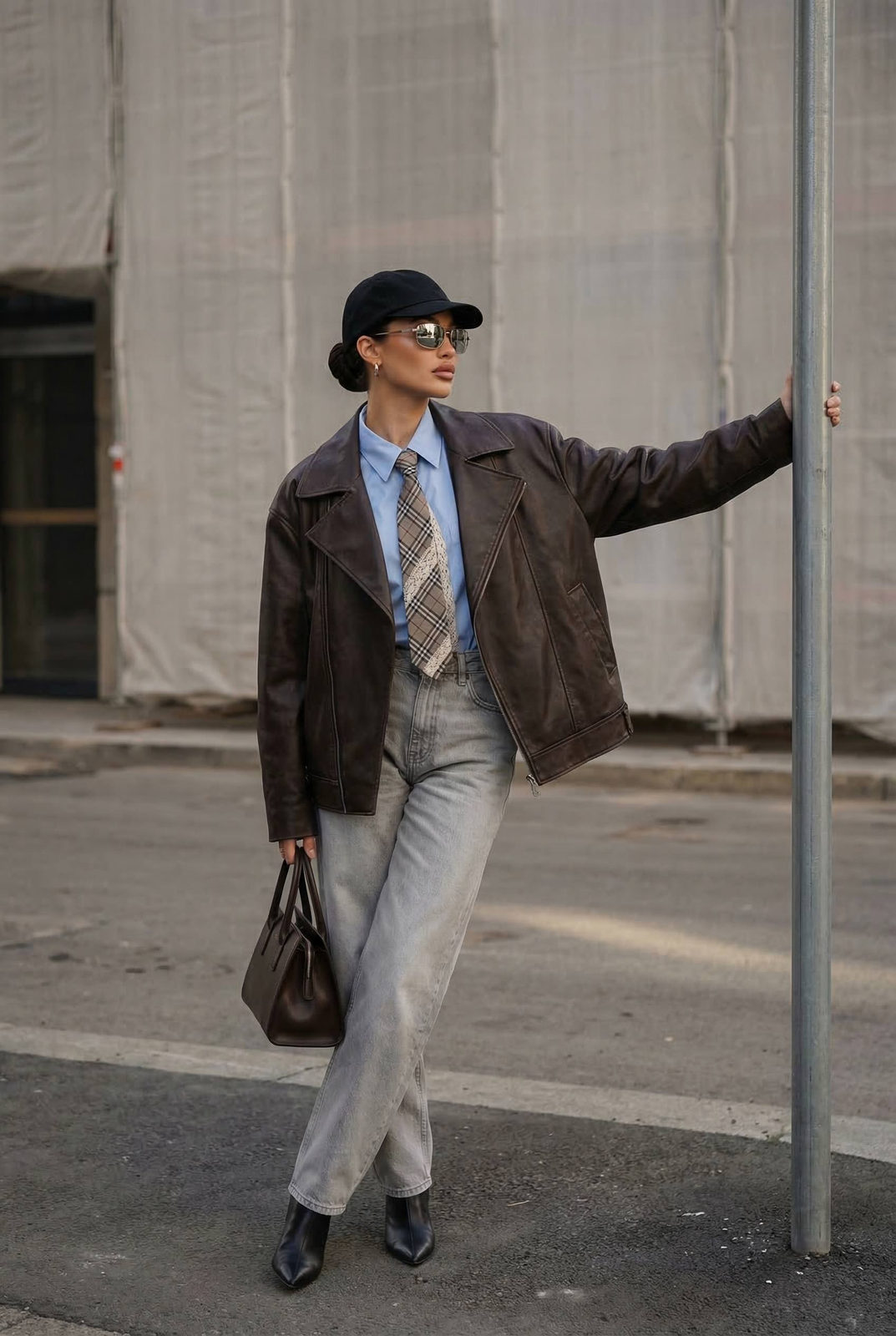 Urban Street Fashion Leather Jacket Plaid Tie Pose