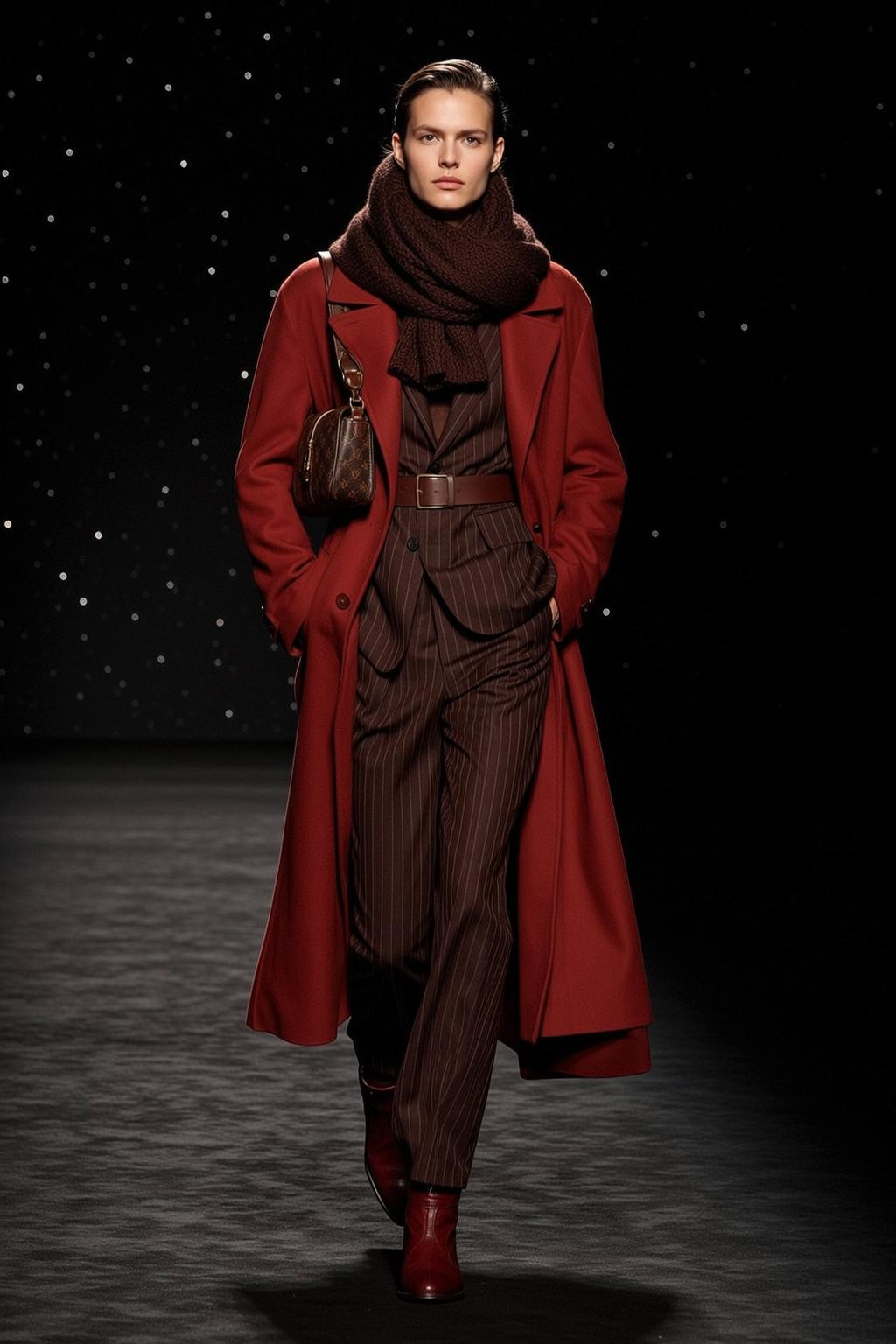 Red Coat Runway Walk Brown Suit Scarf
