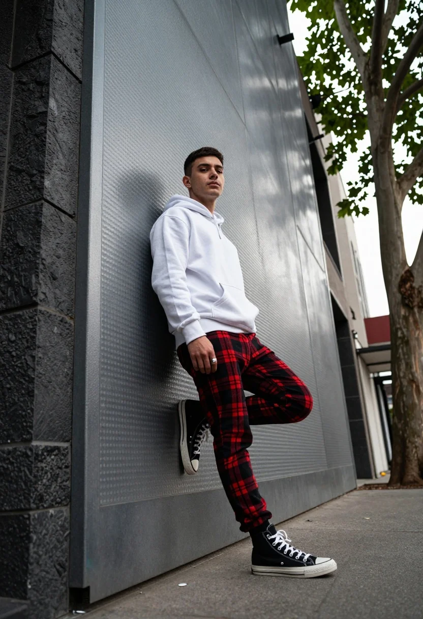 Young Man Leans Casually Against Textured Metal Wall Urban Alleyway