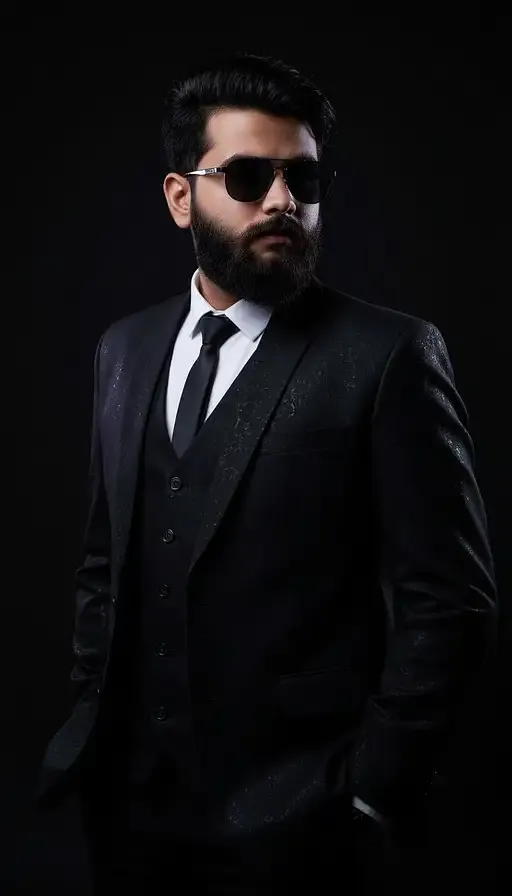 Professional Portrait Young Man Wearing Black Suit And Sunglasses Studio