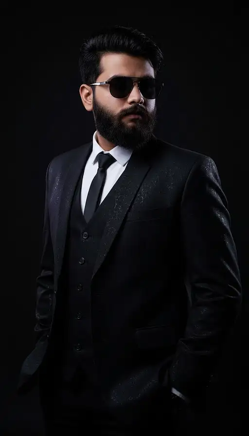 Professional Portrait Young Man Wearing Black Suit And Sunglasses Studio