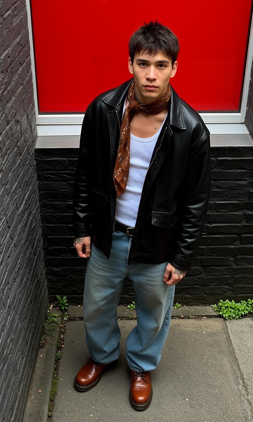 Man Black Leather Jacket Silk Scarf Jeans