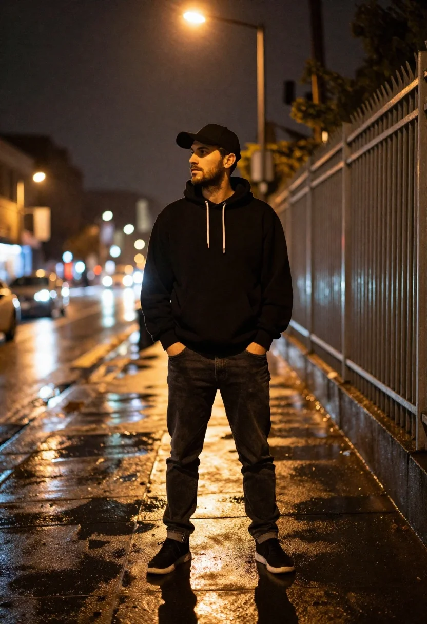 A man stands alone on a wet city sidewalk at night, illuminated by a warm street lamp with blurred background lights.