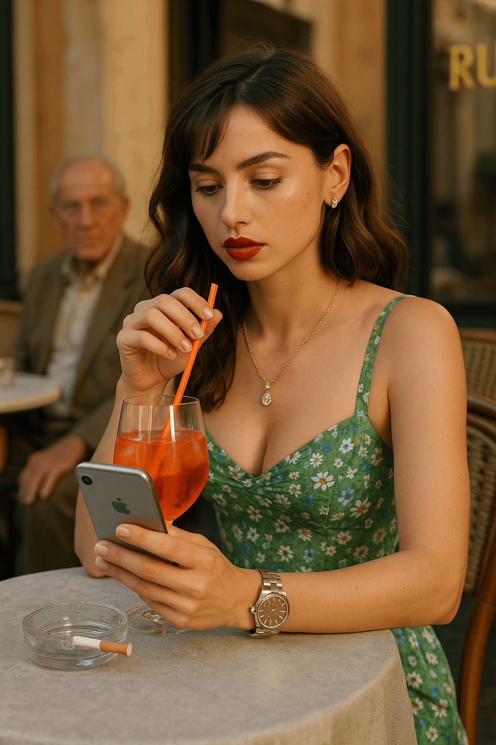Cafe Table With Aperol Spritz And Iphone