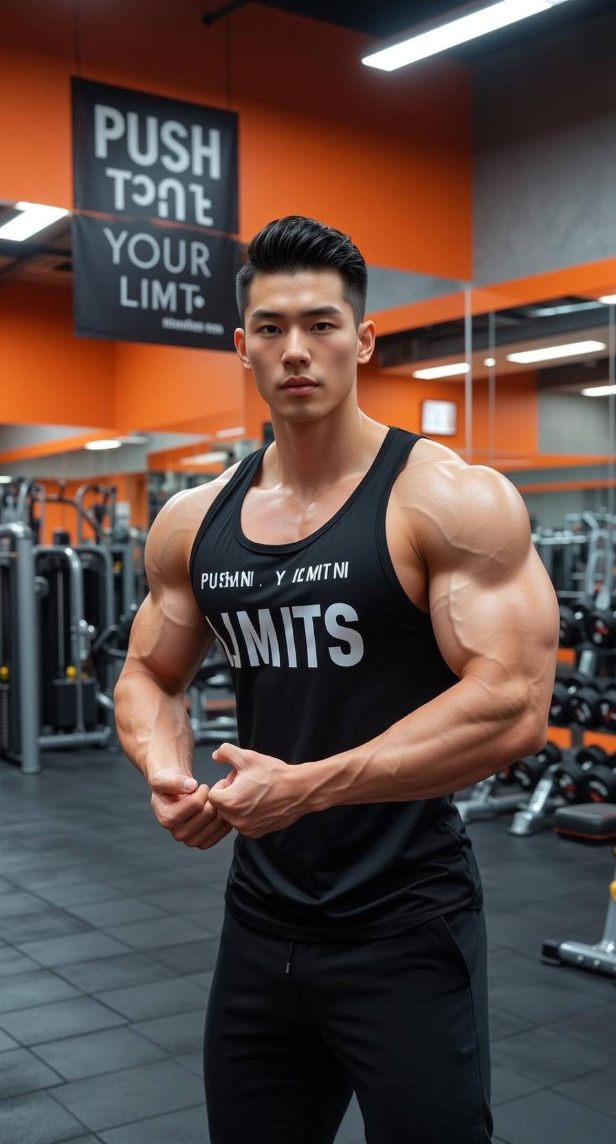 Muscular East Asian Black Styled Tan Tank