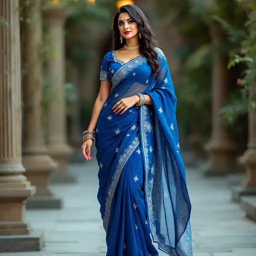A fair-skinned Indian woman in a blue traditional dress, showcasing curvy features and high heels.