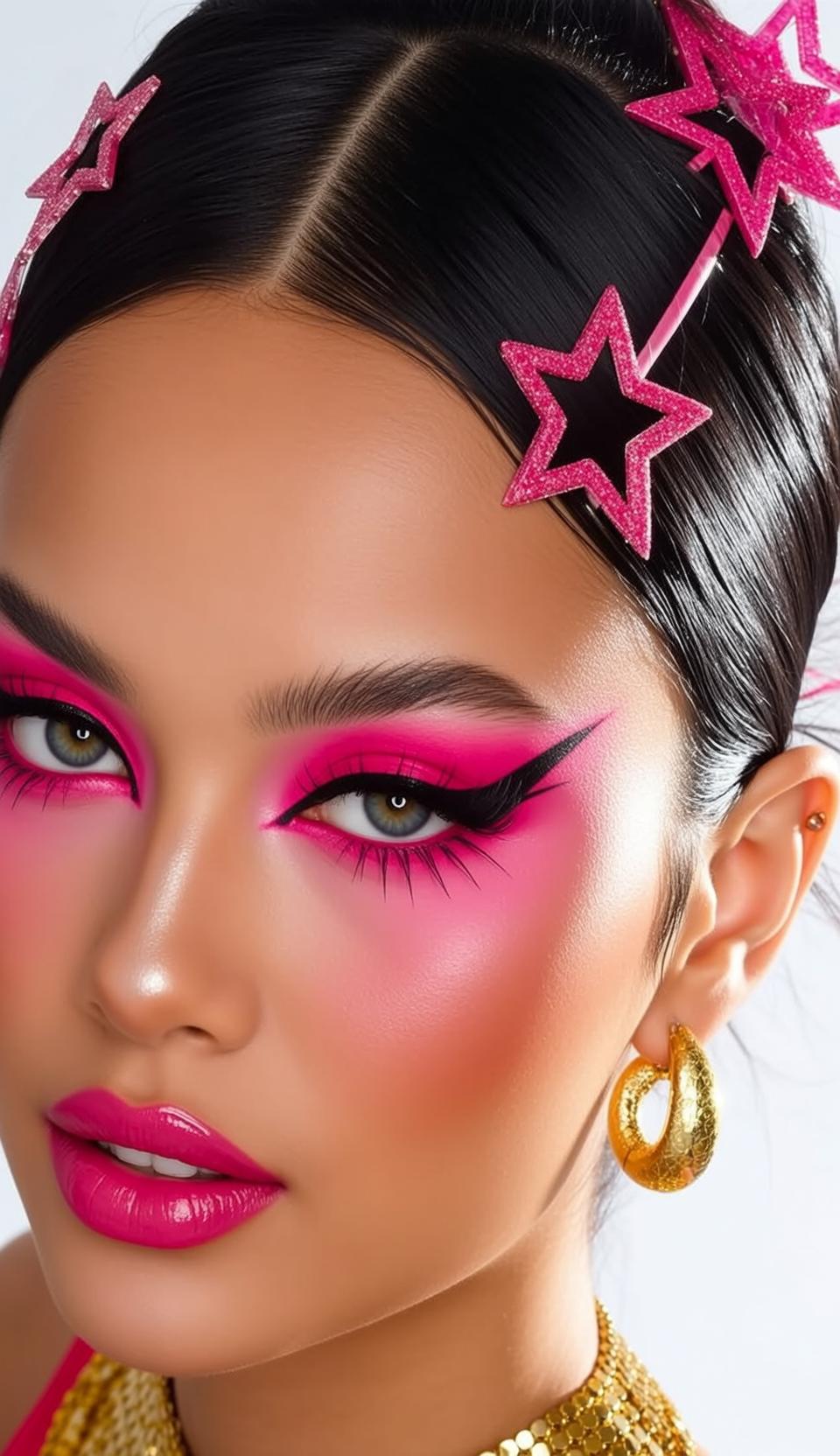 Close-up Portrait Young Woman With Striking Makeup And Accessories Captured