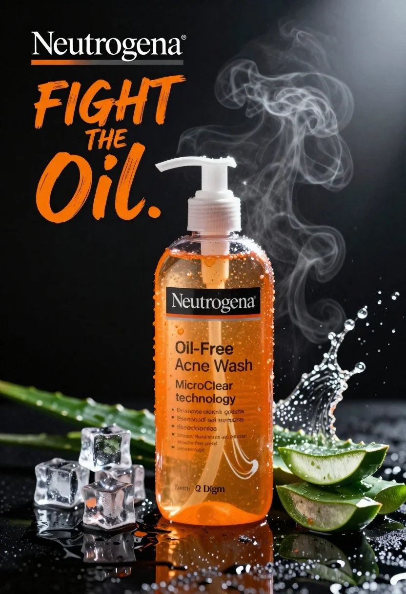 Close-up of a transparent bottle of orange liquid cleanser on a reflective black surface with water splashes and steam.