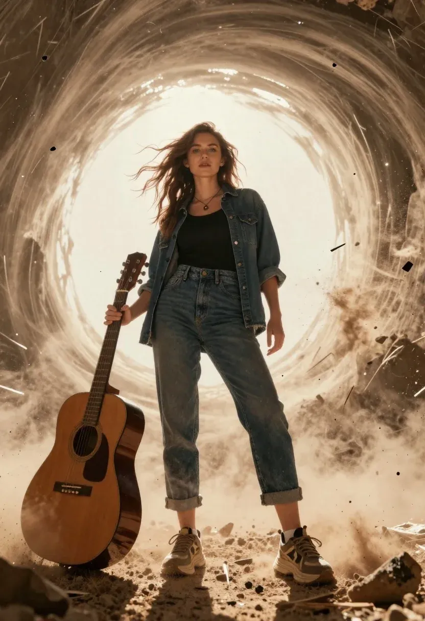 Low-angle Shot Woman With Windblown Brown Hair Standing Swirling Vortex