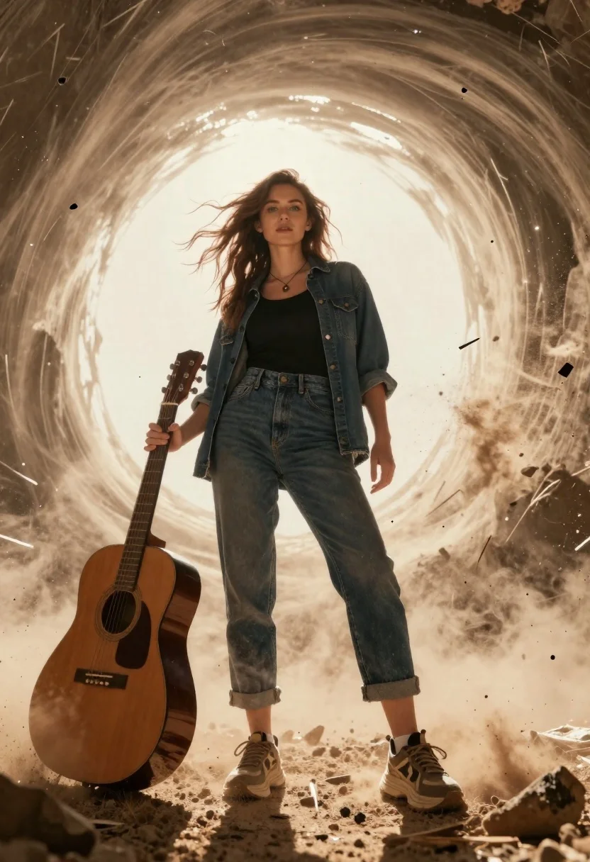 A low-angle shot of a woman with windblown brown hair standing in a swirling vortex, holding an acoustic guitar.