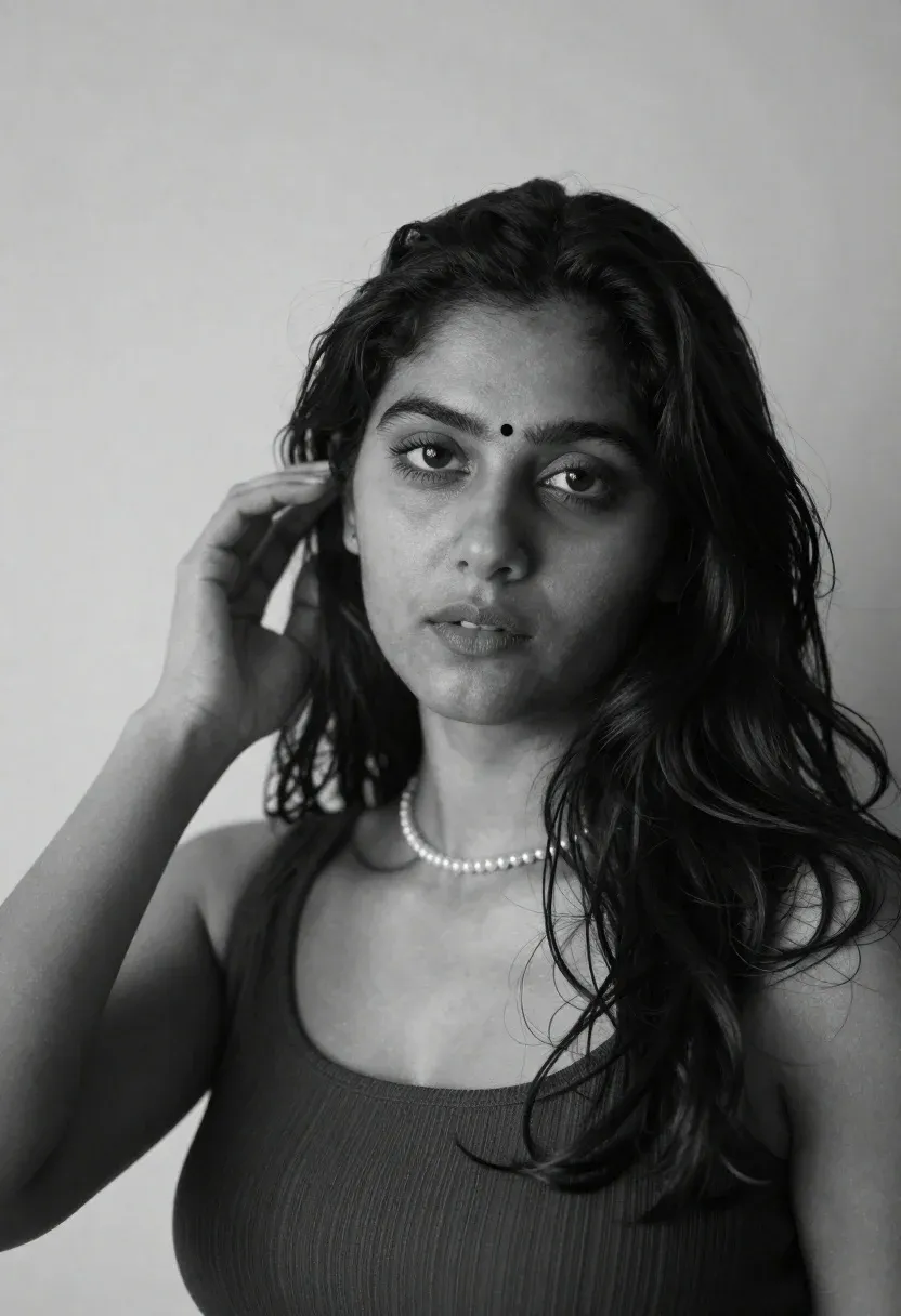 Black And White Portrait Woman With Dark Hair Looking Directly