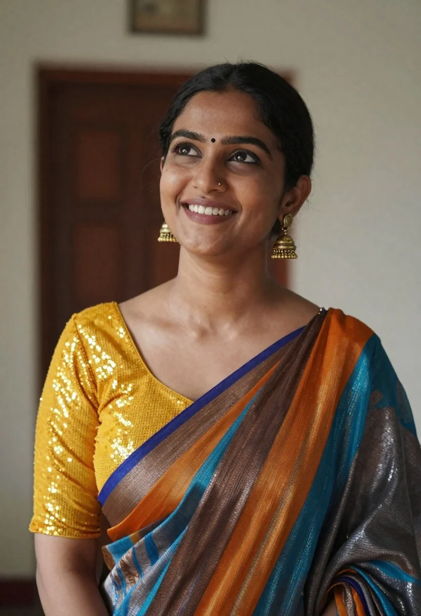 Smiling Woman With Dark Hair Pulled Back And Bindi Her reference photo