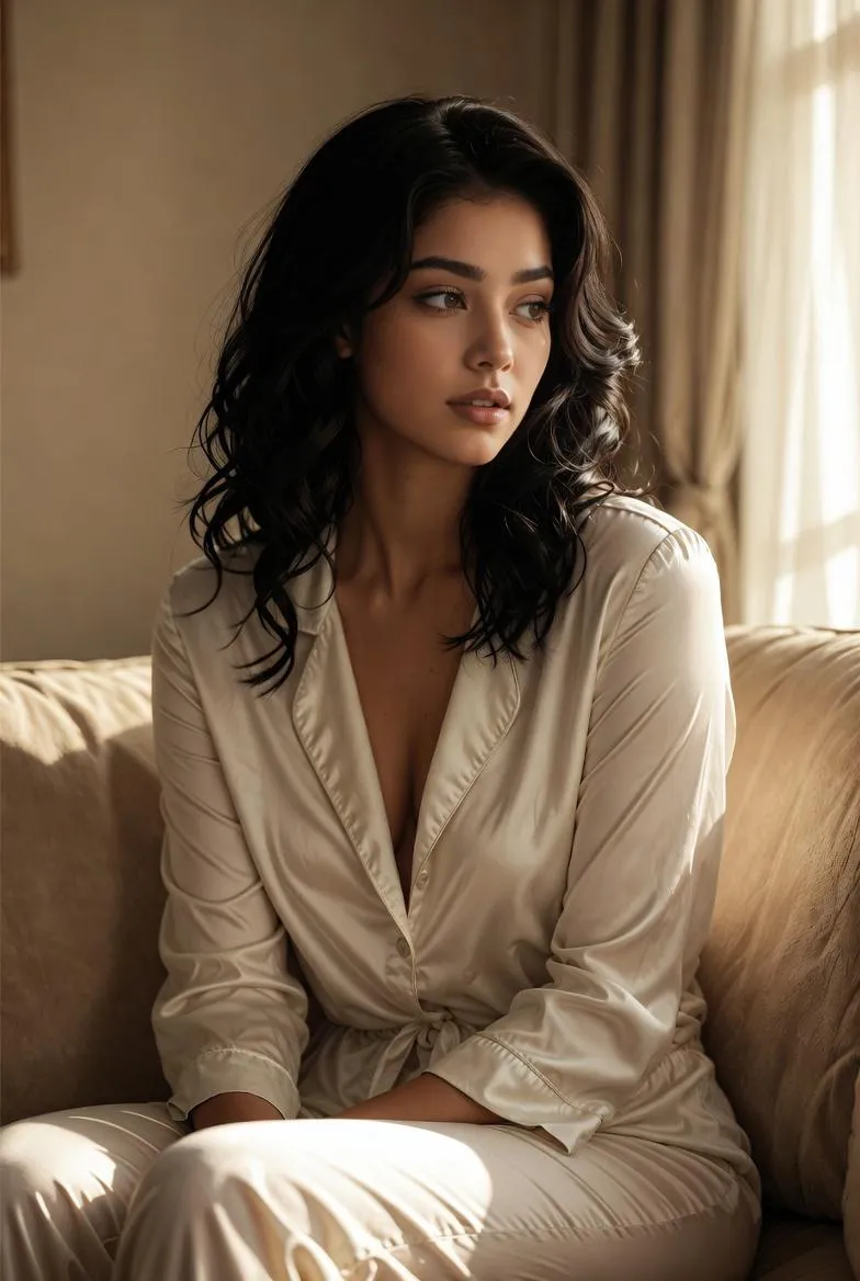 Champagne Silk Pajamas On Beige Sofa