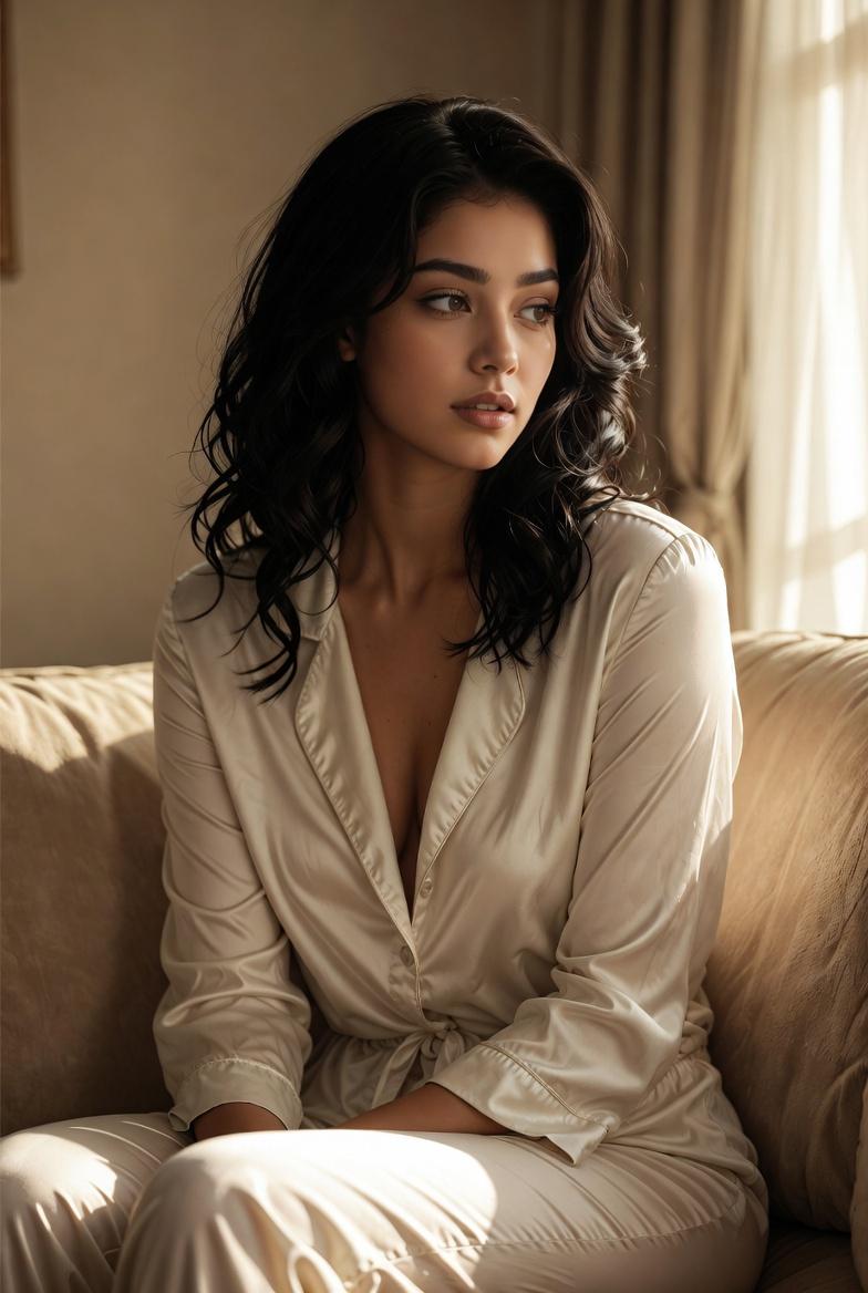 Champagne Silk Pajamas On Beige Sofa