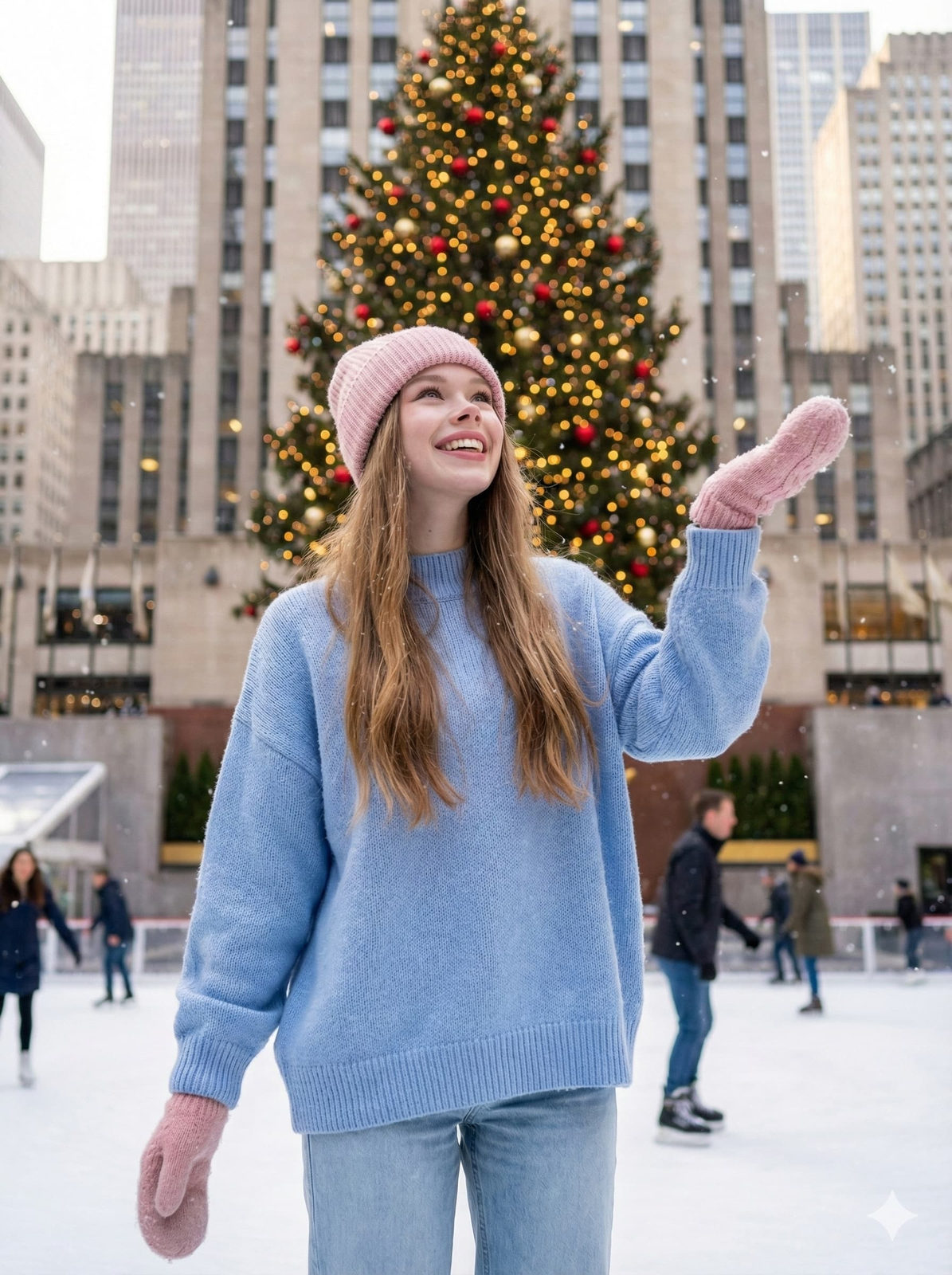 Ultra-realistic portrait of a woman on an ice rink, wearing a pastel pink beanie and oversized sweater, joyfully catching snowflakes with a decorated Christmas tree in the background.