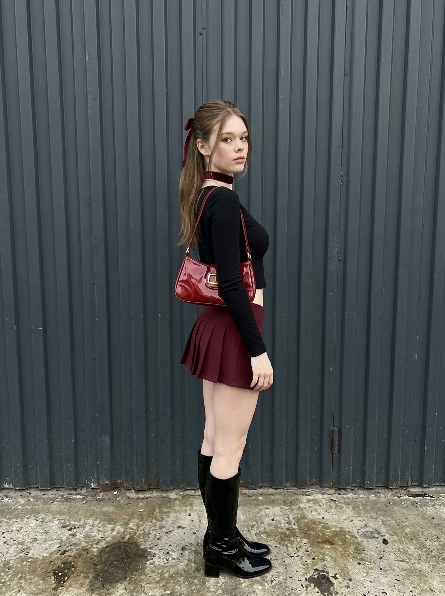 Mila poses in a stylish black crop top and burgundy skirt against a textured grey metal wall, looking back over her shoulder.