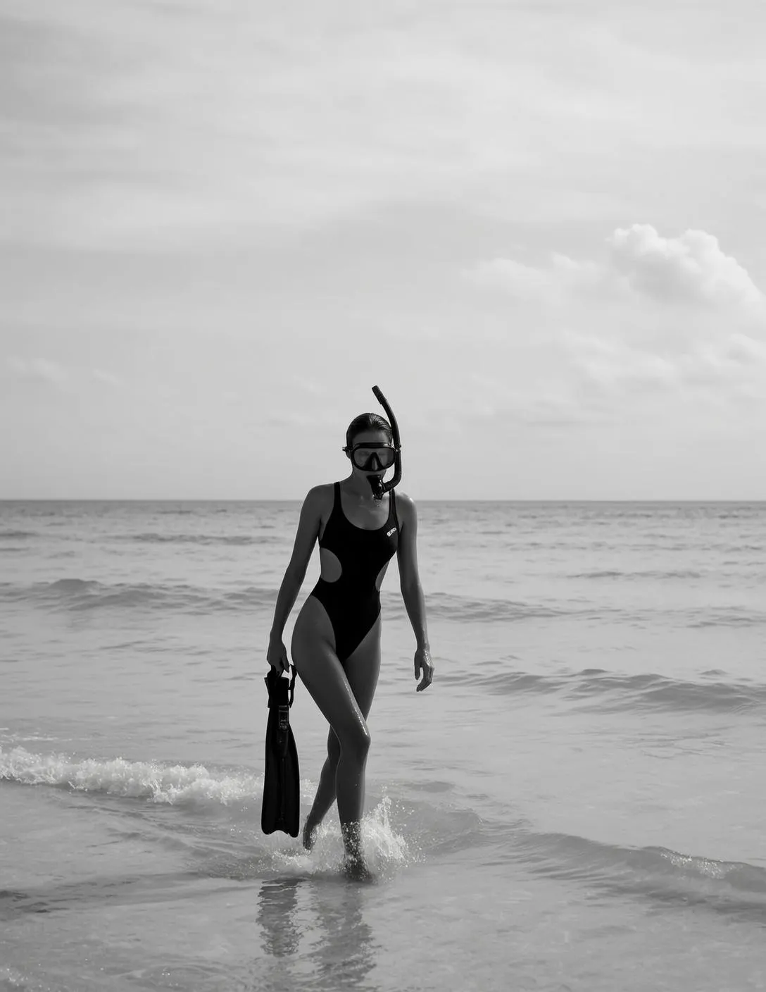Full-body Vertical Photorealistic Black And White Image Shows Slender Woman