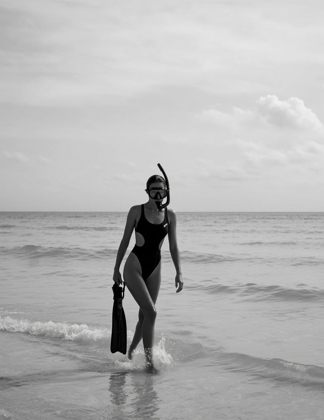 Full-body Vertical Photorealistic Black And White Image Shows Slender Woman
