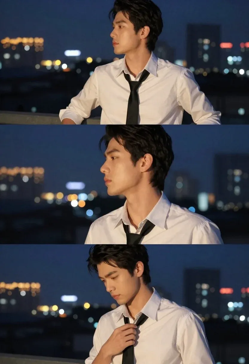 Cinematic Triptych Young Man Formal Attire Against Vibrant City Skyline