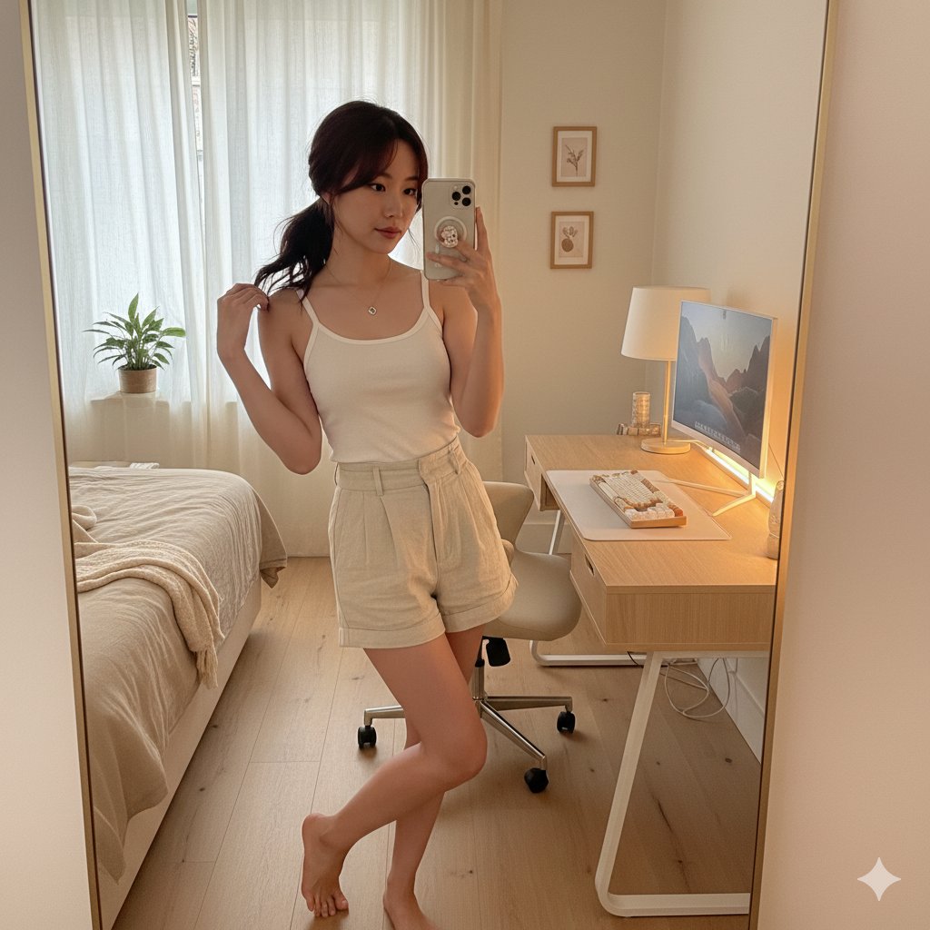 A mid-20s East Asian woman with a medium-long ponytail taking a mirror selfie in a stylish bedroom. Warm lighting enhances the cozy atmosphere.