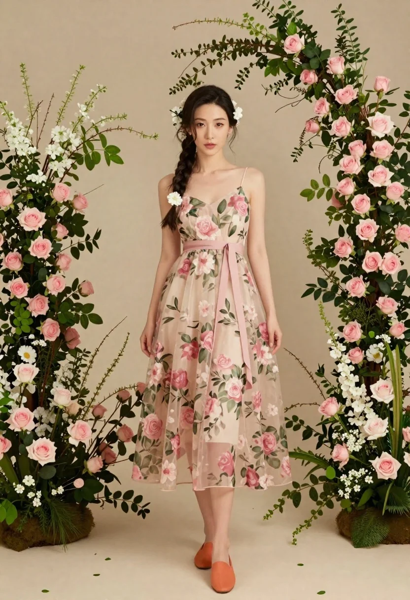 Full-length Portrait Asian Woman Standing Gracefully Soft Romantic Floral Setting