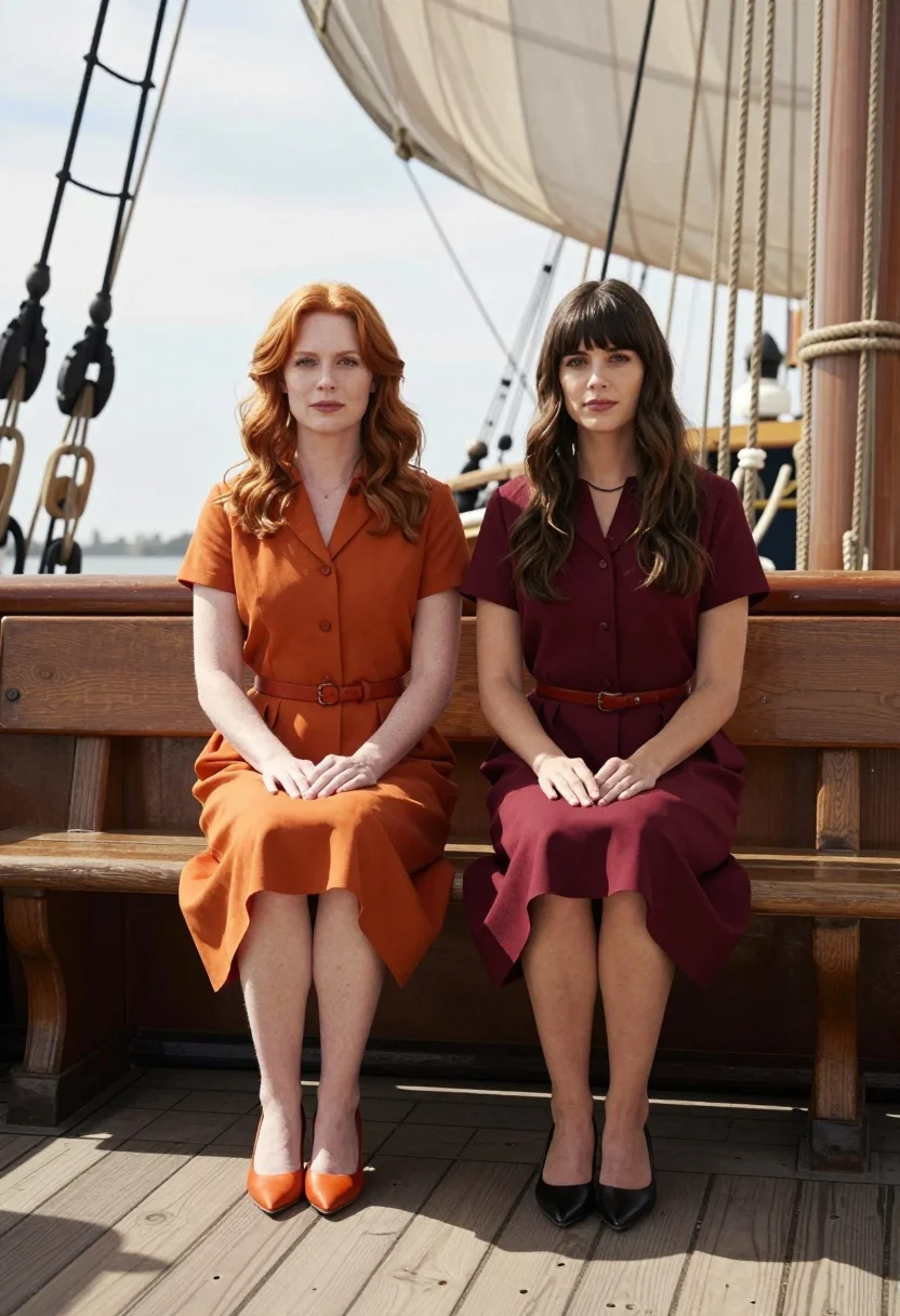 Two Women Sit Side Side Wooden Bench Aboard The Deck