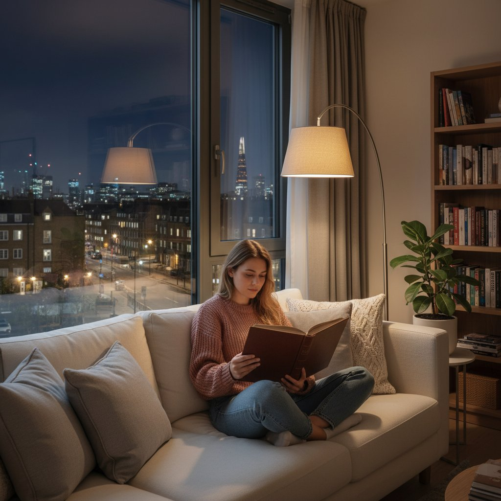 A beautiful woman sitting comfortably on a plush sofa, reading a hardcover book by a large glass window, with a serene night view of London outside.