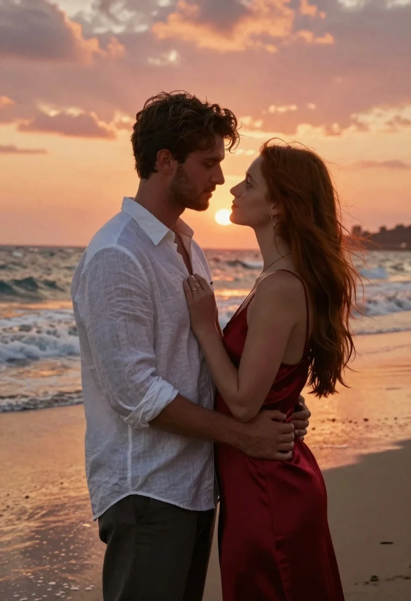 A romantic portrait of a young couple standing close together on a wet beach at sunset, illuminated by warm golden hour sunlight.