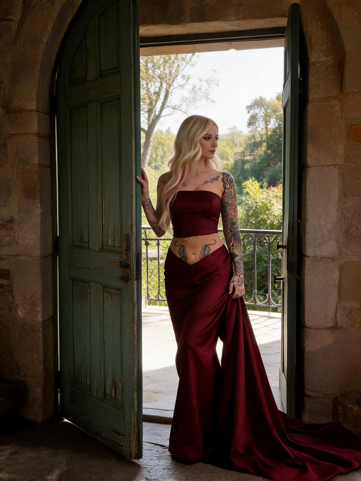 Sleeve And Tiger Tattoos With Burgundy Satin Outfit