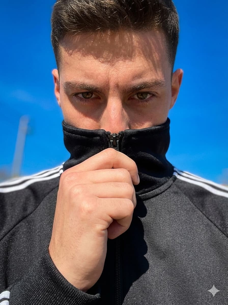 Close-up shot of a man in a zipped track jacket, collar covering mouth, dramatic lighting, blue sky background