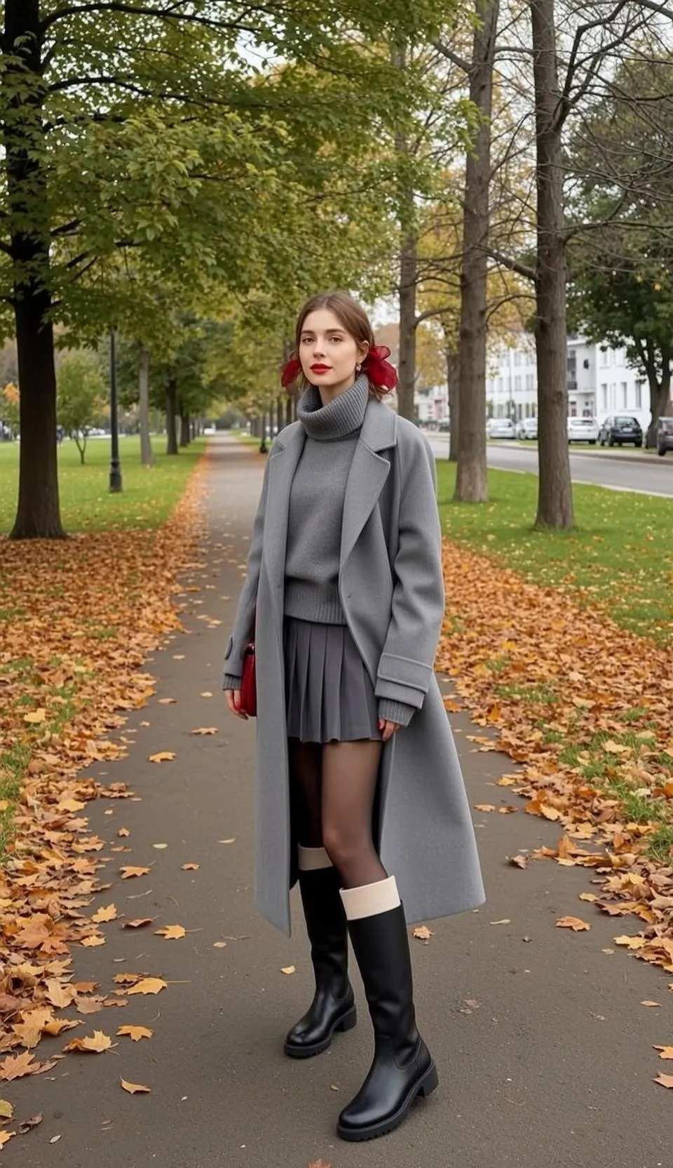 Autumn Park Pathway Grey Outfit Red Handbag