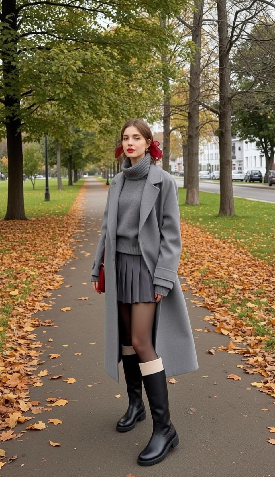Autumn Park Pathway Grey Outfit Red Handbag