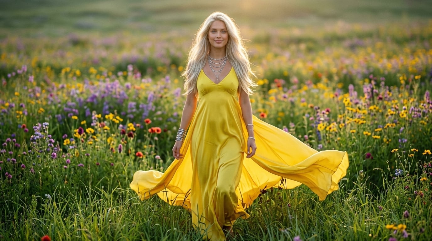 Walking Through Wildflower Meadow Flowing Silk Dress