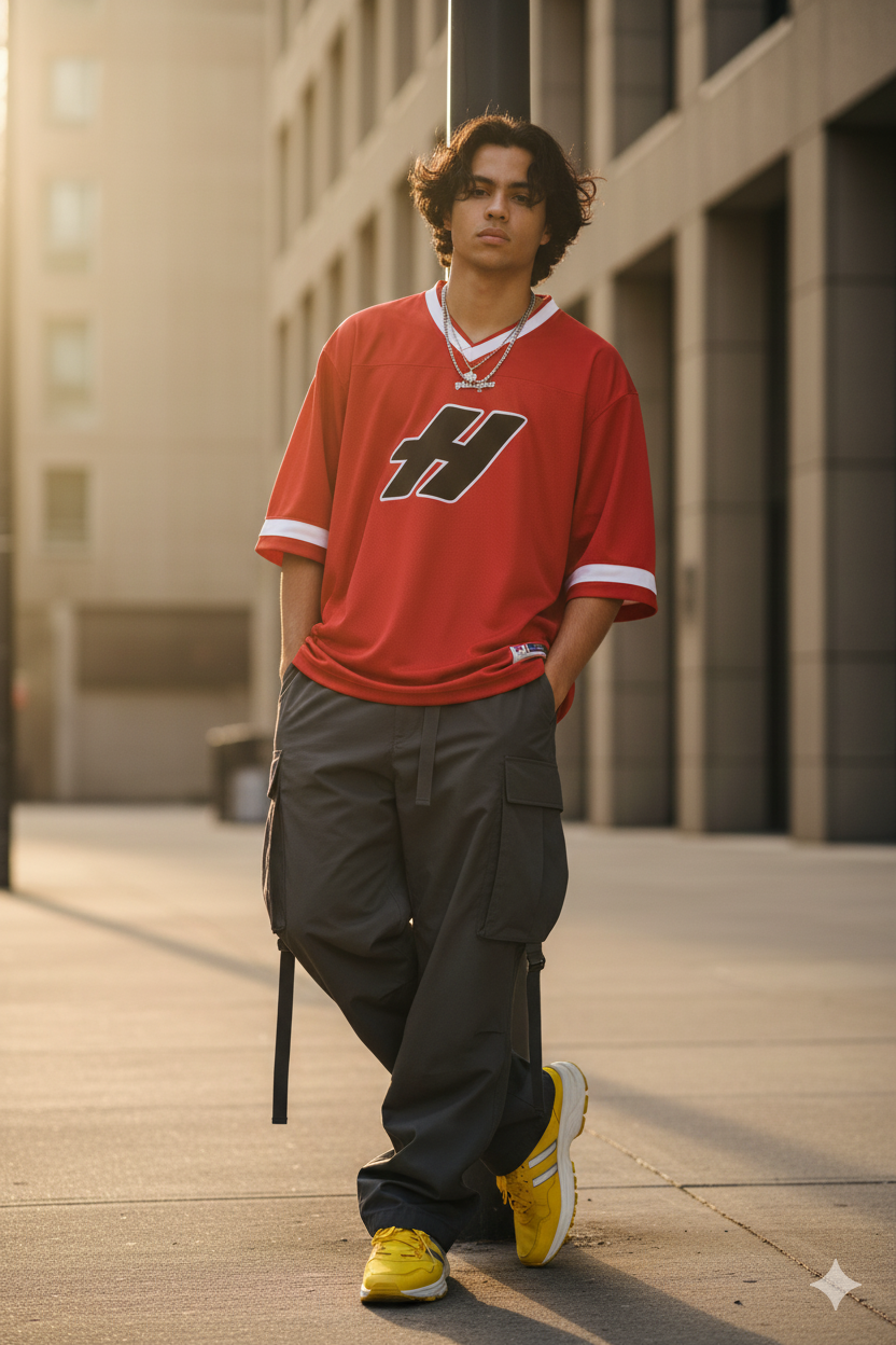 A confident male model casually leaning against a street pole with wavy black hair, dressed in a red jersey and oversized gray cargo pants amidst warm afternoon light.