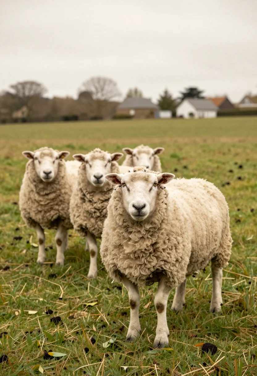 Three Woolly Sheep Stand Grassy Field With One Large Sheep