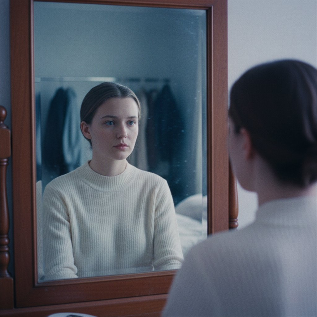 A cinematic portrait featuring a woman standing before a mirror, soft cool lighting with bluish and lavender tones, embodying a nostalgic mood.