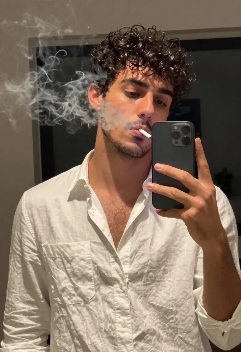 Young Man With Dark Curly Hair Takes Mirror Selfie While