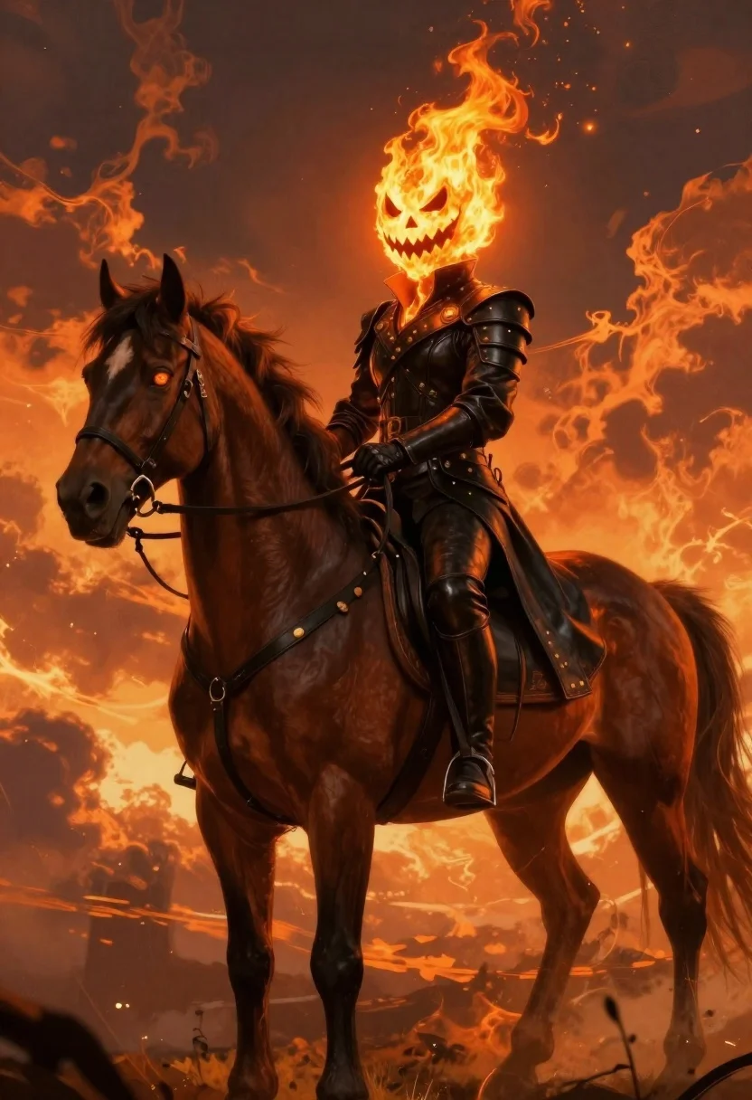 Digital Painting Fiery Rider Horseback Against Apocalyptic Sky Subject Muscular reference photo