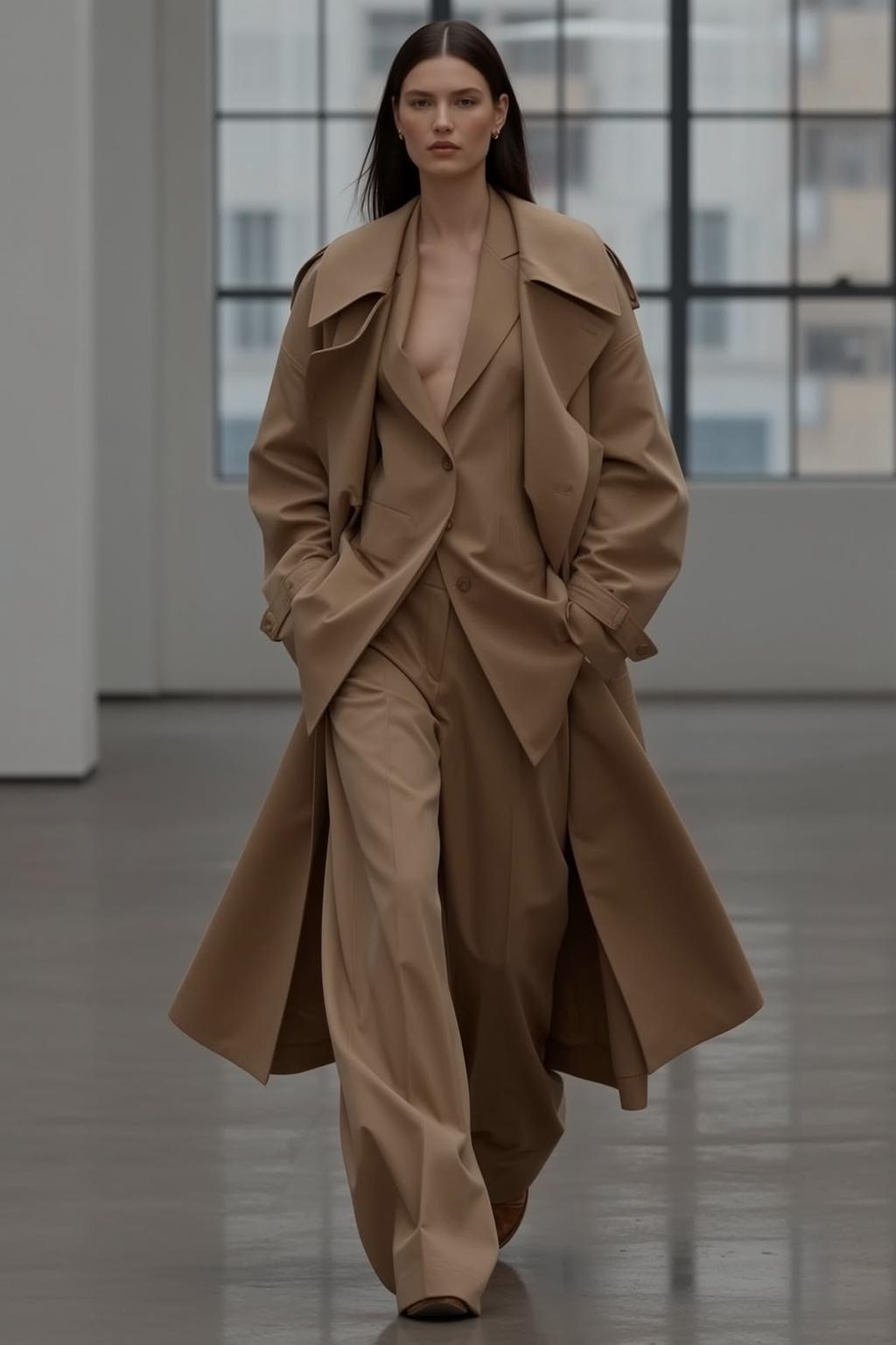 Beige Suit Trench Coat Walking Studio Fashion Editorial