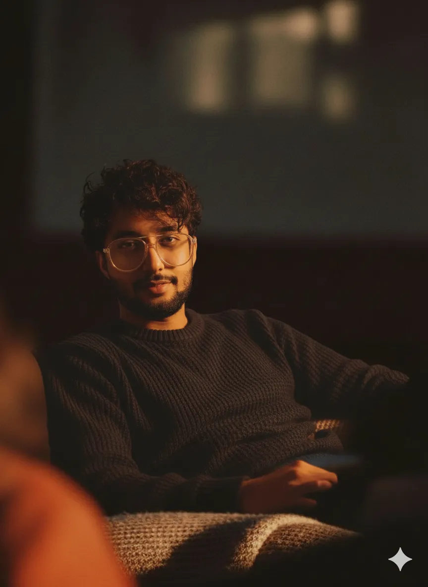Close-up shot of a person basking in orange sunlight, wearing a beige knit sweater with prism reflections in the background.