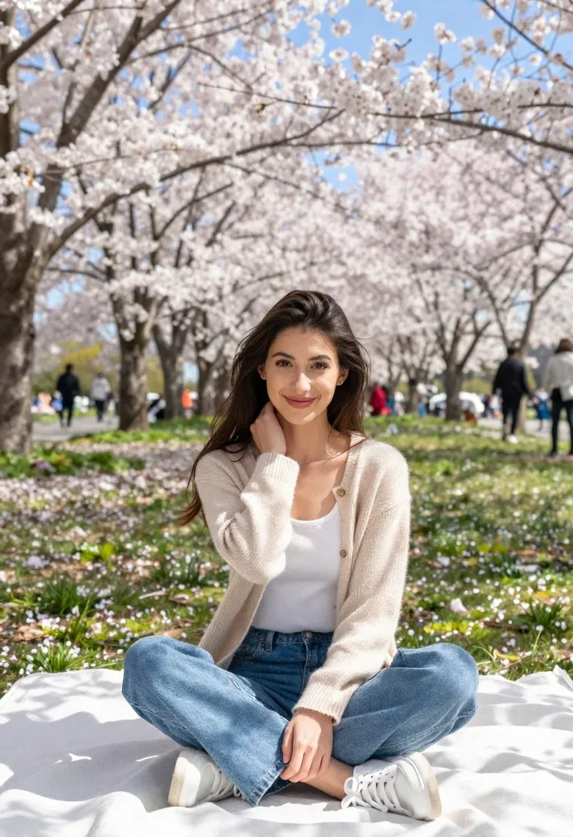 Young Woman With Long Dark Hair Sits Cross-legged White Blanket