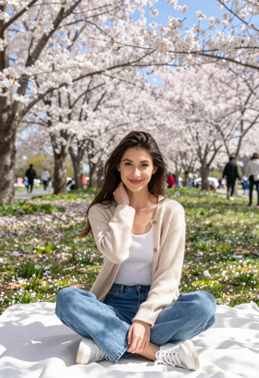 Young Woman With Long Dark Hair Sits Cross-legged White Blanket