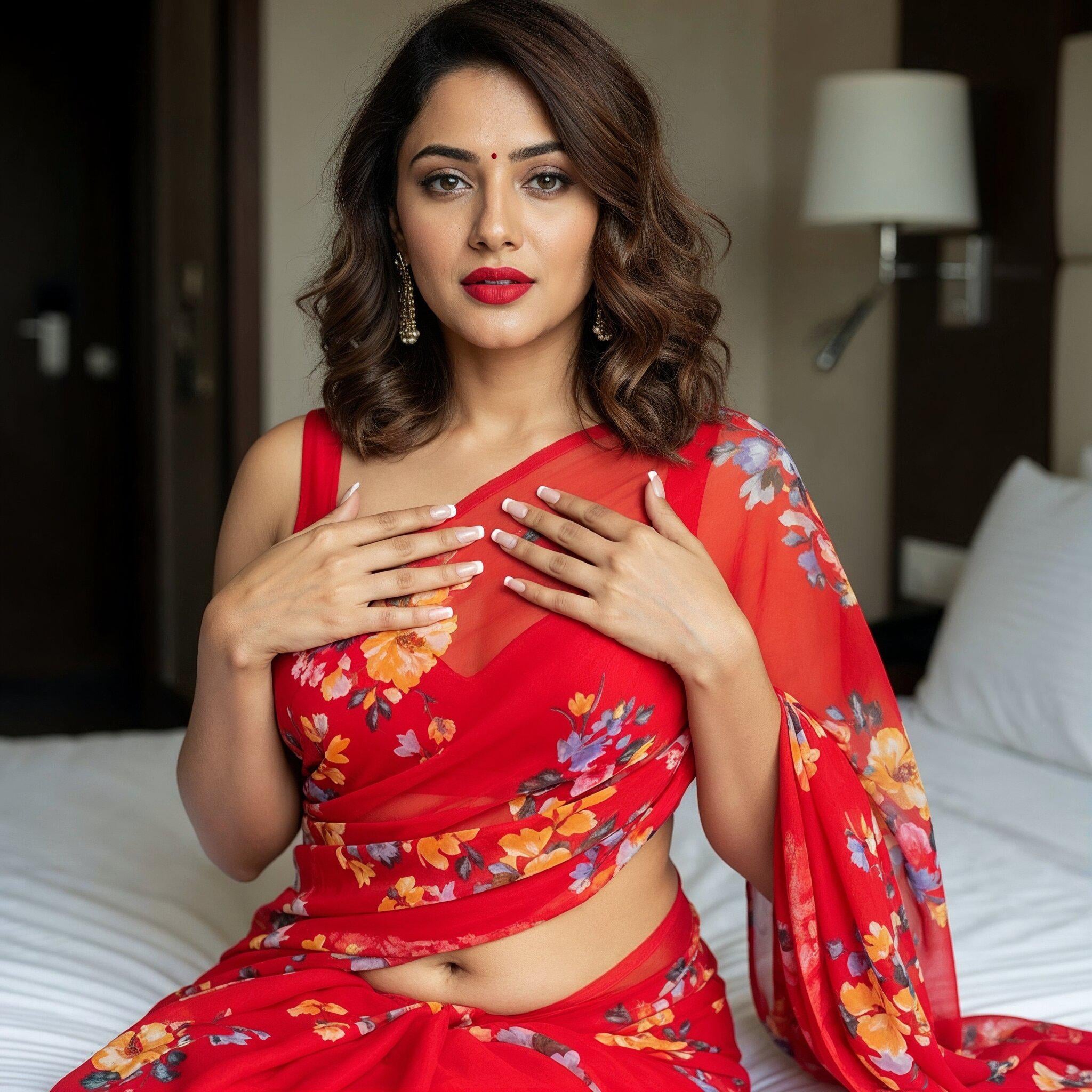 Red Floral Saree On White Hotel Bed