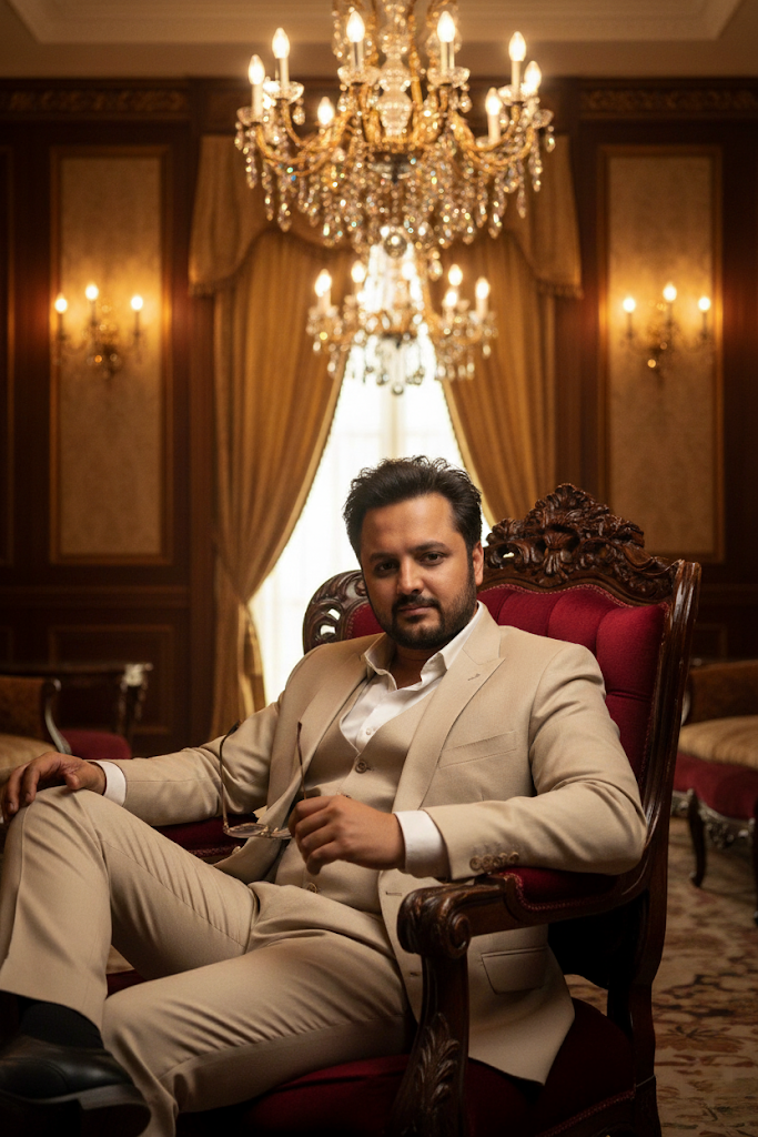 A handsome man in a light beige suit reclining in an ornate armchair, surrounded by golden drapes and warm chandeliers.
