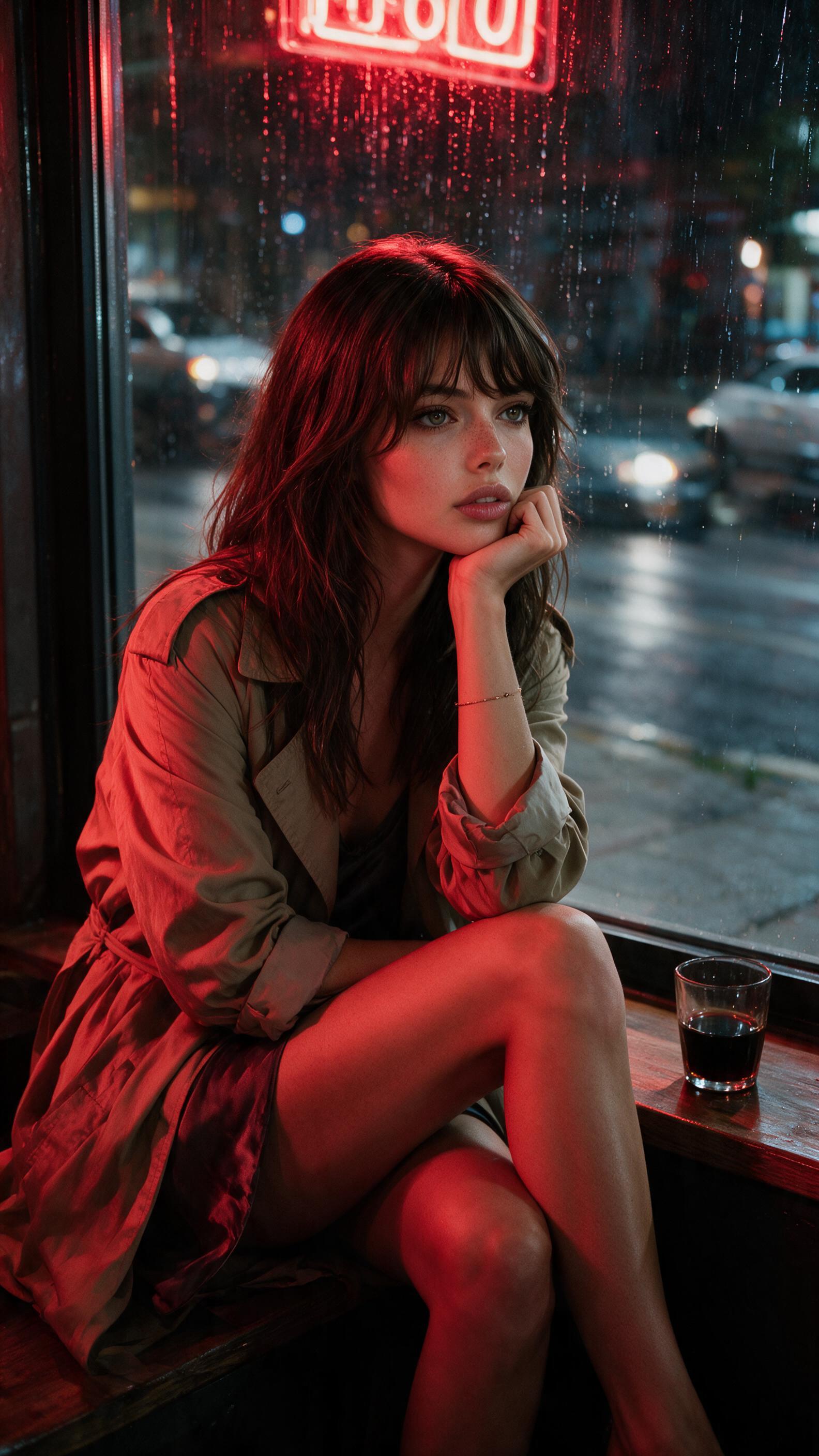 Beige Trench Coat Layered Over Dark Silky In Night