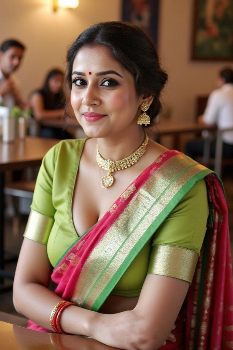 Vibrant Lime Green Blouse Short Sleeves At Table In Softly