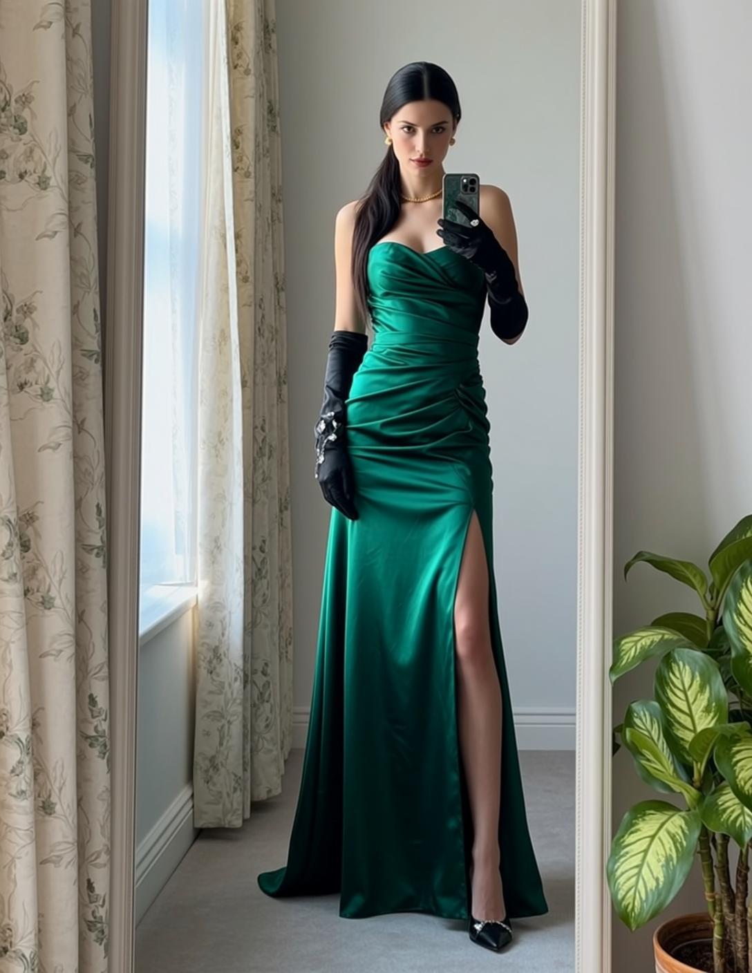 Emerald Gown Phone Call Pose